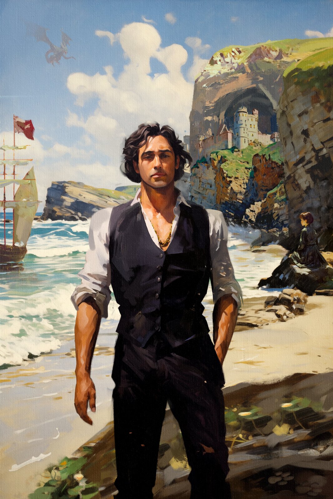 Adventurer on beach with ship — book cover
