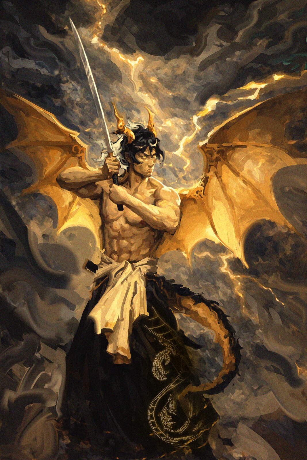 Dragon warrior with golden wings — card art