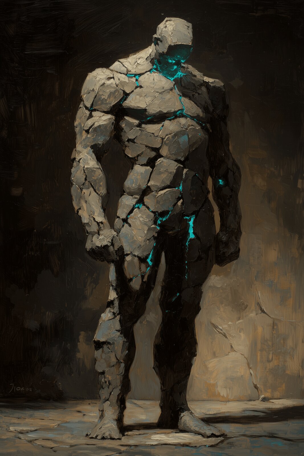 Stone golem with teal energy — board game